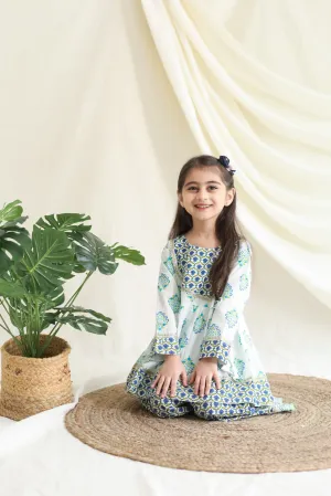 Klingaru Girls Sharara Set - Blue Green booti with Gota Lace Work