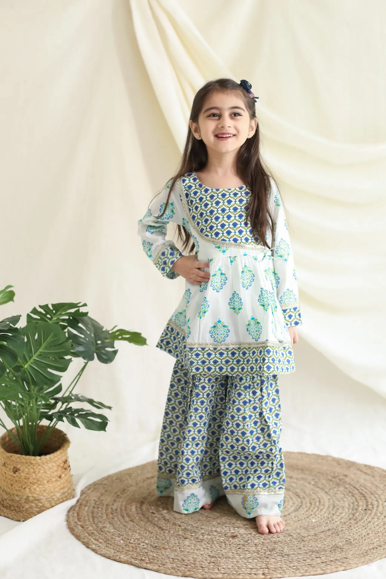 Klingaru Girls Sharara Set - Blue Green booti with Gota Lace Work