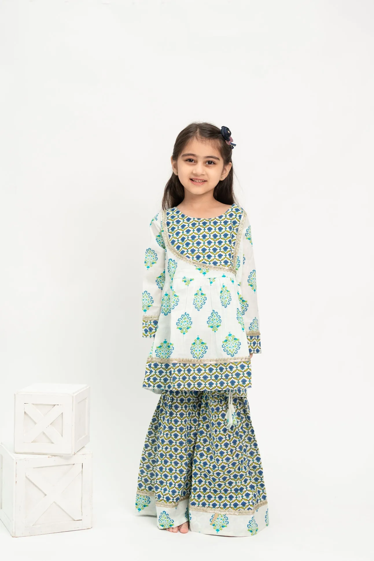 Klingaru Girls Sharara Set - Blue Green booti with Gota Lace Work