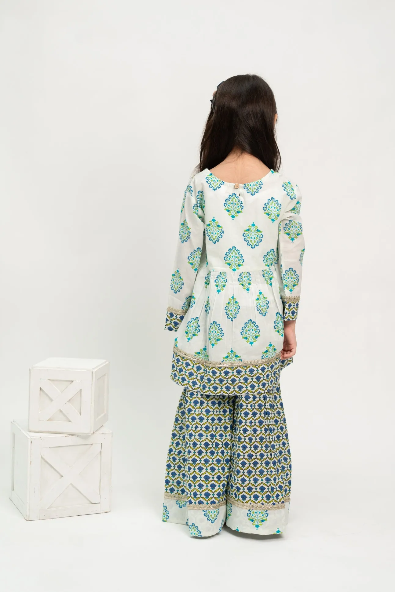 Klingaru Girls Sharara Set - Blue Green booti with Gota Lace Work