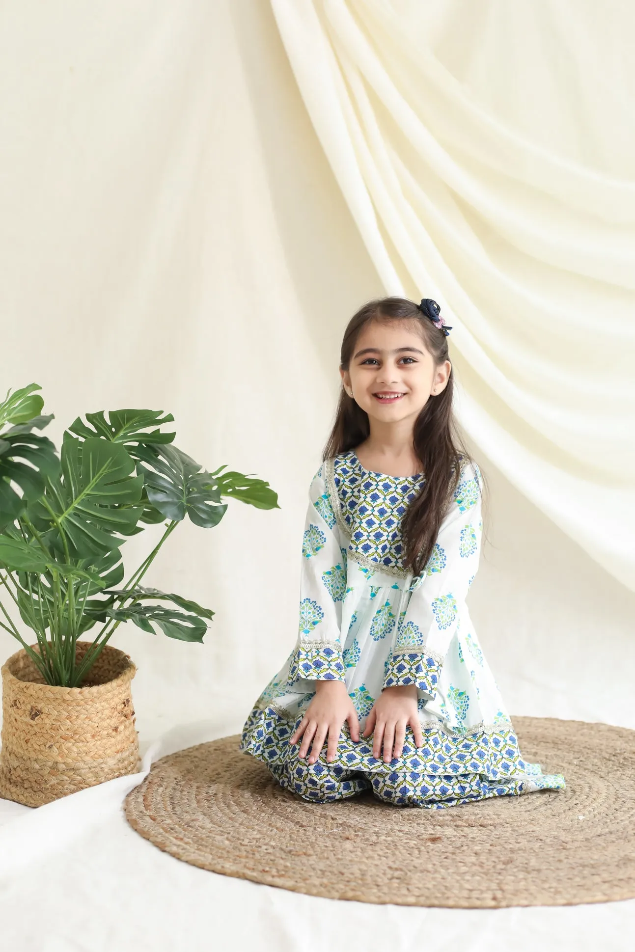 Klingaru Girls Sharara Set - Blue Green booti with Gota Lace Work