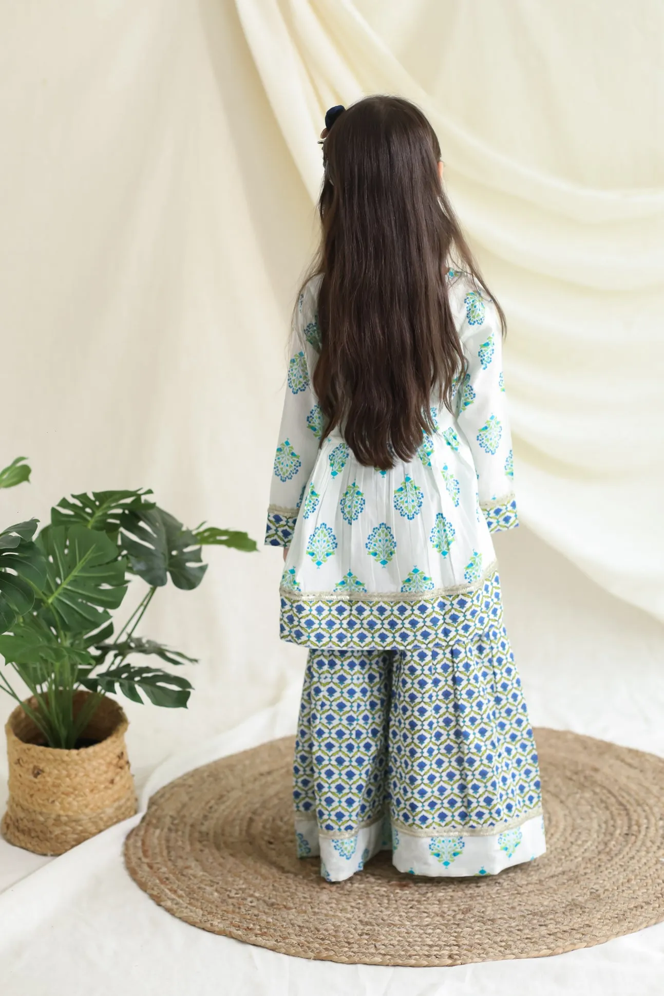 Klingaru Girls Sharara Set - Blue Green booti with Gota Lace Work