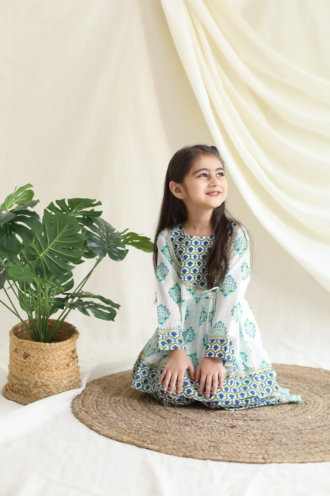 Klingaru Girls Sharara Set - Blue Green booti with Gota Lace Work