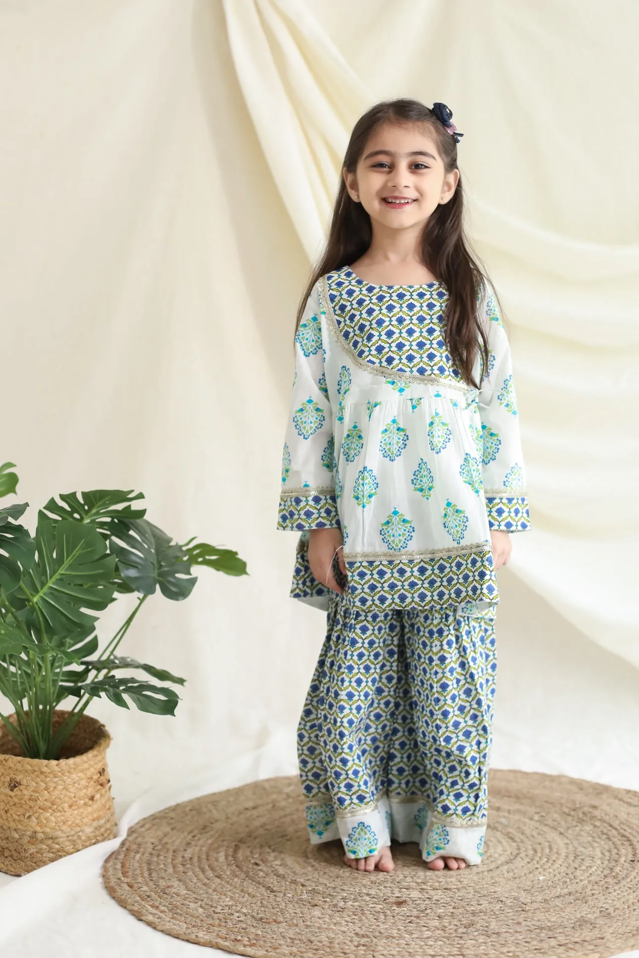 Klingaru Girls Sharara Set - Blue Green booti with Gota Lace Work