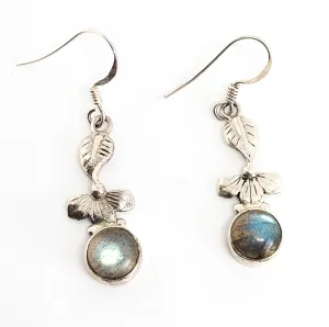 Labradorite gemstone drop flower and leaf sterling silver dangle earrings 925