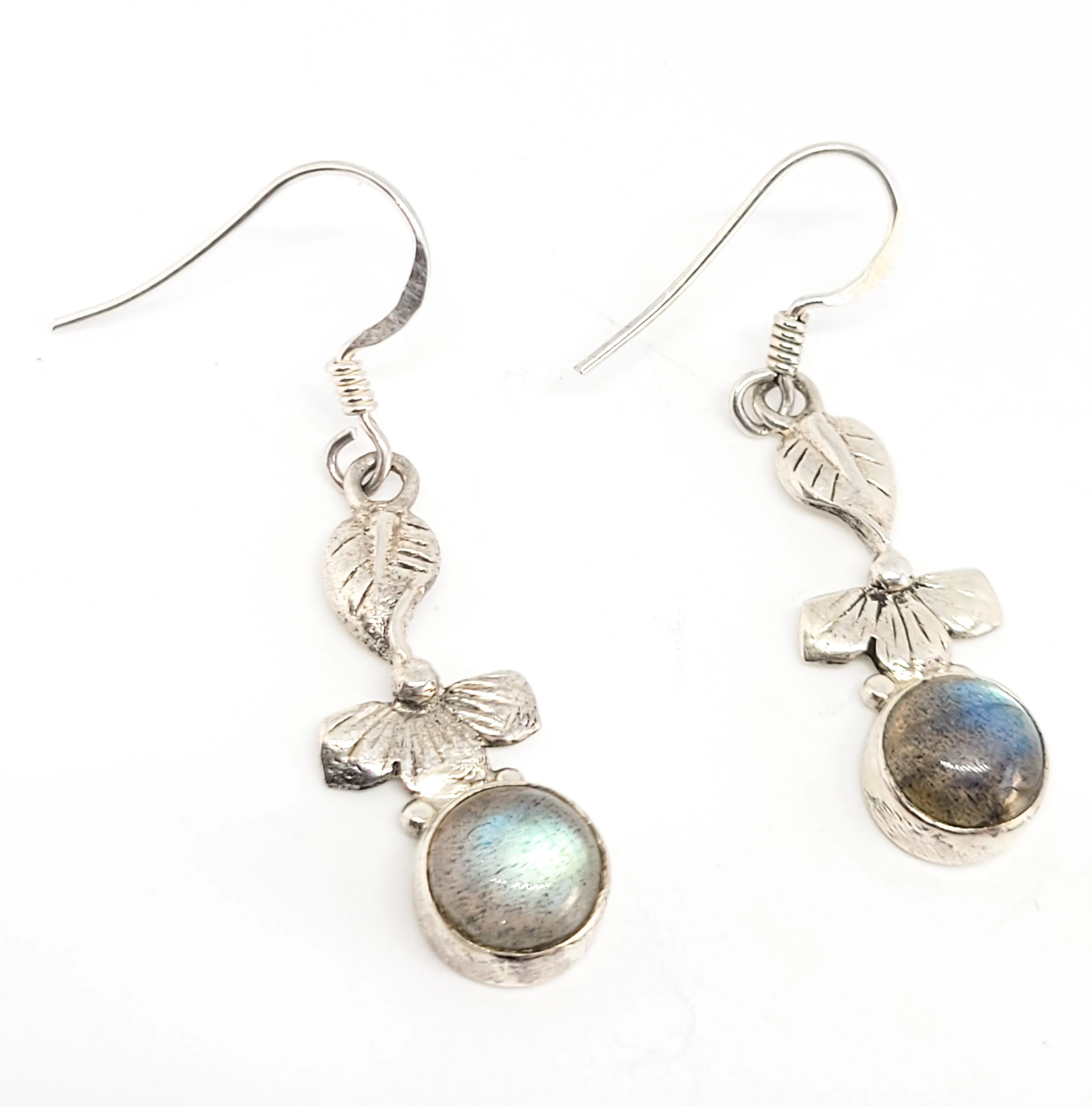 Labradorite gemstone drop flower and leaf sterling silver dangle earrings 925