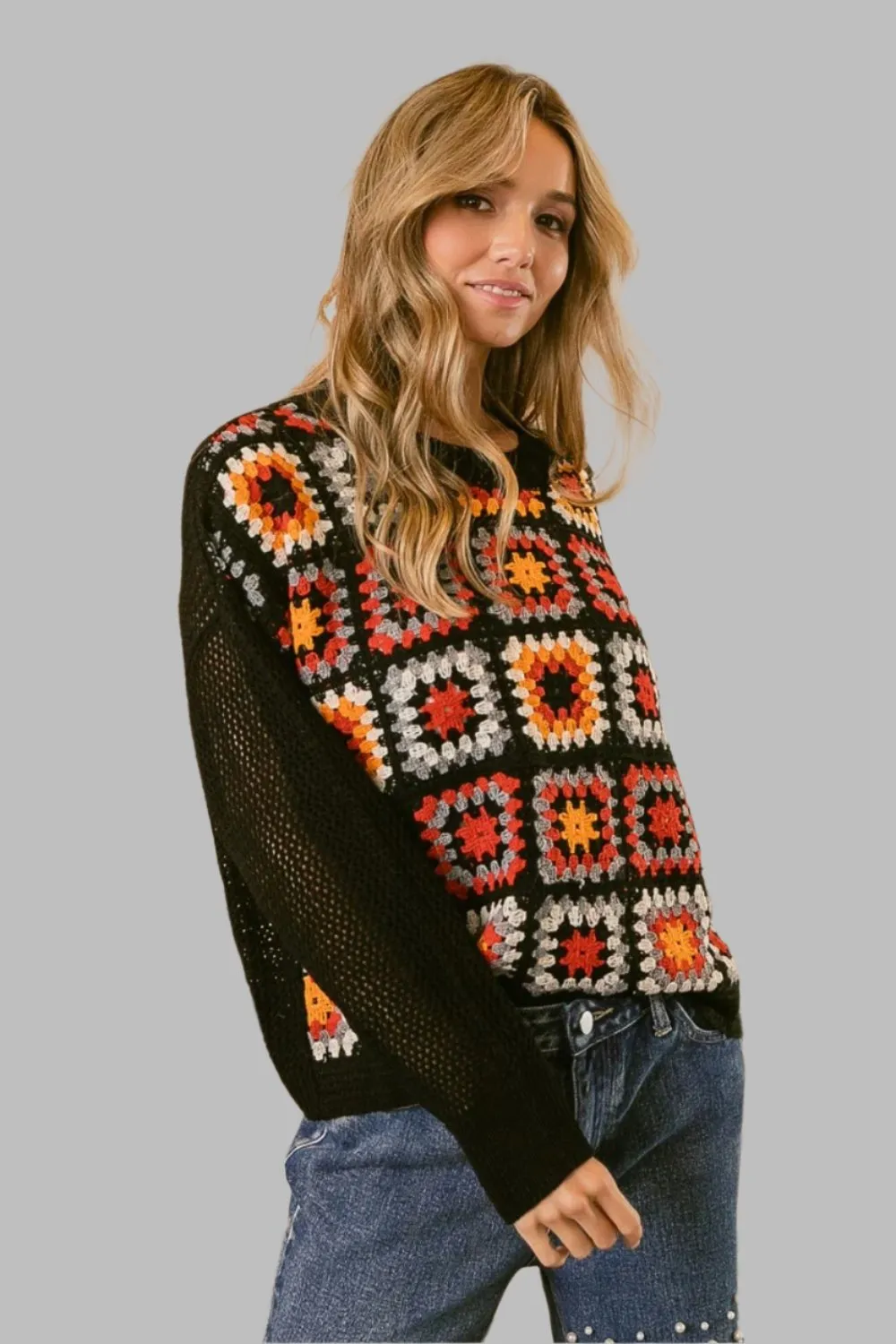 Ladies Granny Square Front Long Sleeve Top