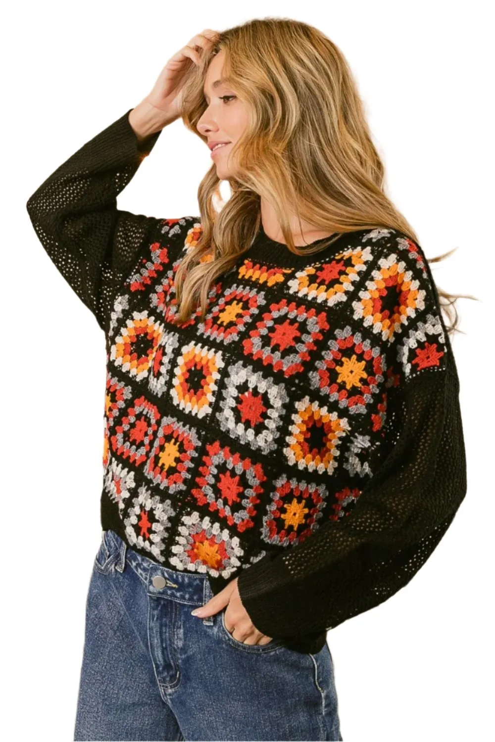 Ladies Granny Square Front Long Sleeve Top