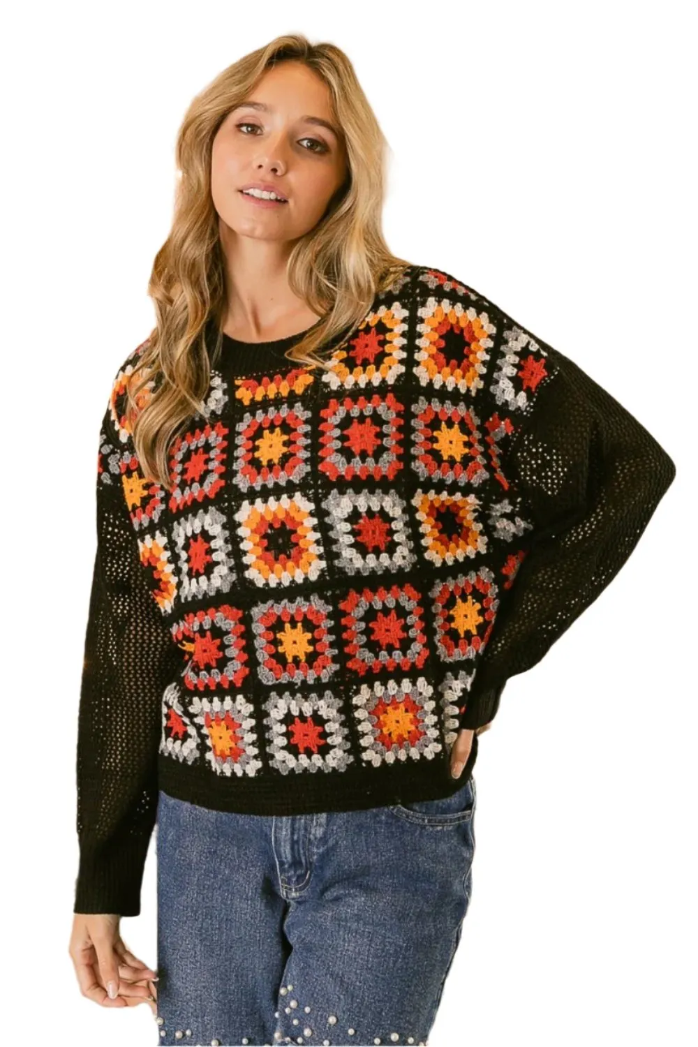 Ladies Granny Square Front Long Sleeve Top