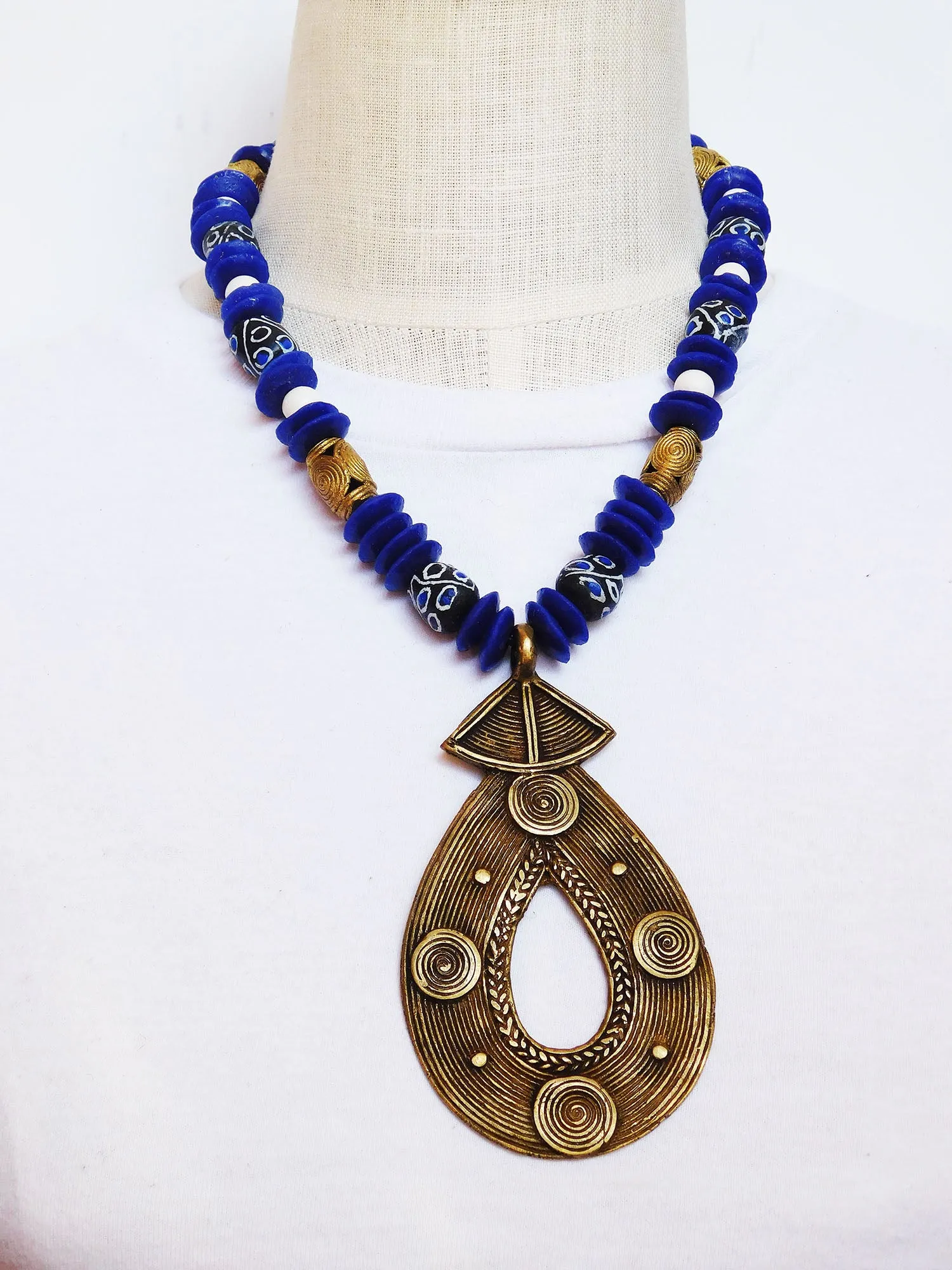 Large African Necklace Beaded Blue Ethnic Brass Photography Photo Shoot Unisex