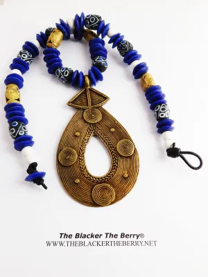 Large African Necklace Beaded Blue Ethnic Brass Photography Photo Shoot Unisex