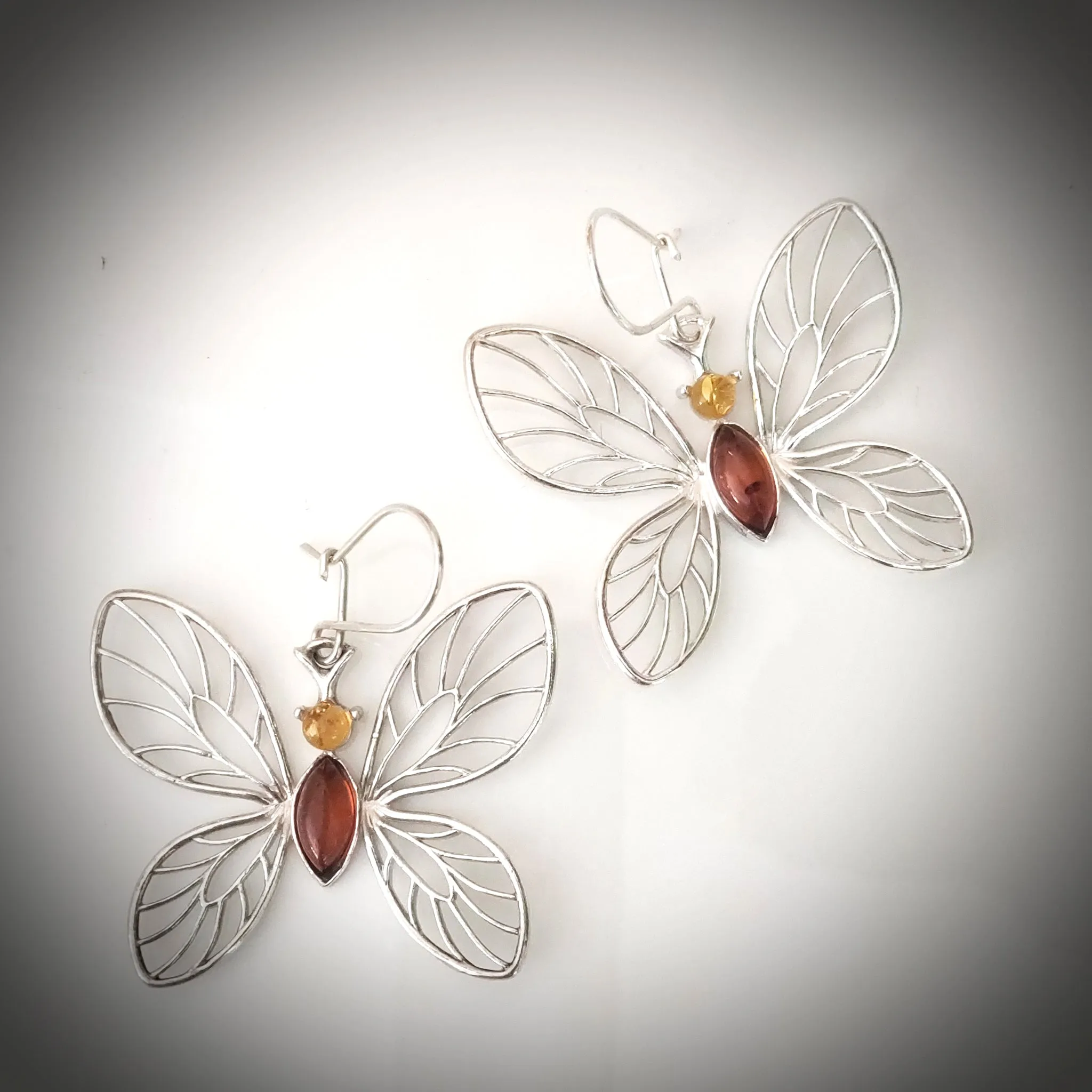 Large Butterfly Amber & Sterling Silver Earrings