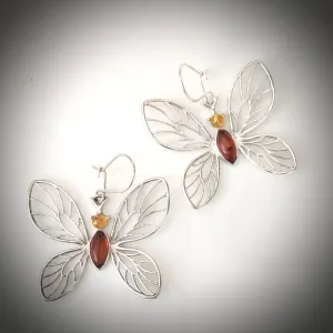Large Butterfly Amber & Sterling Silver Earrings