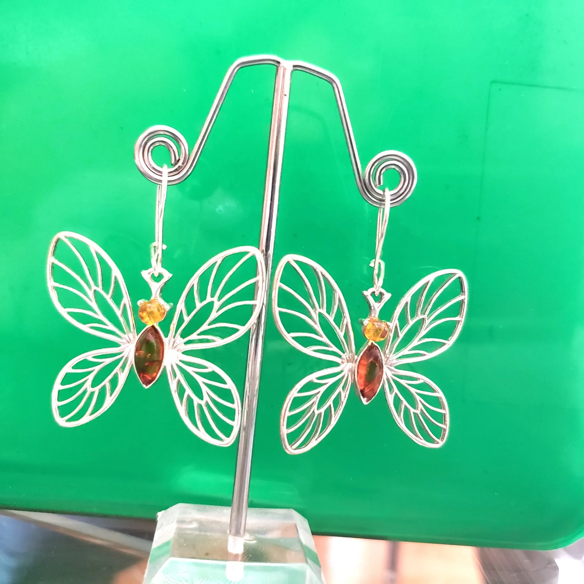 Large Butterfly Amber & Sterling Silver Earrings
