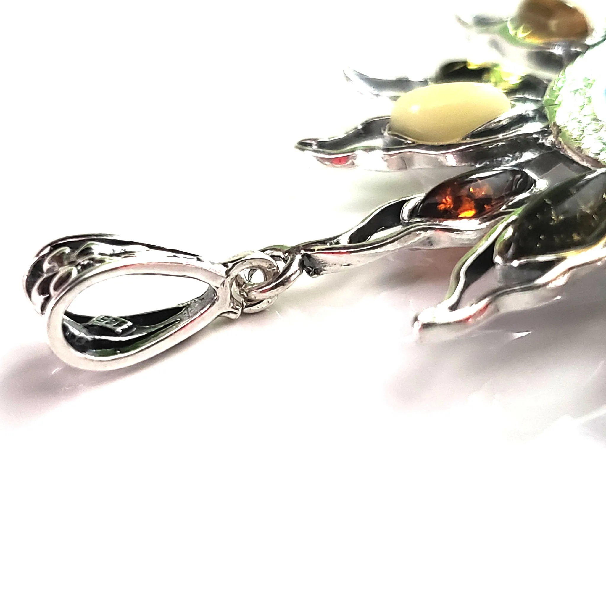 Large Sunburst Sterling Silver Sun Pendant with Baltic Amber Beads