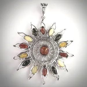 Large Sunburst Sterling Silver Sun Pendant with Baltic Amber Beads