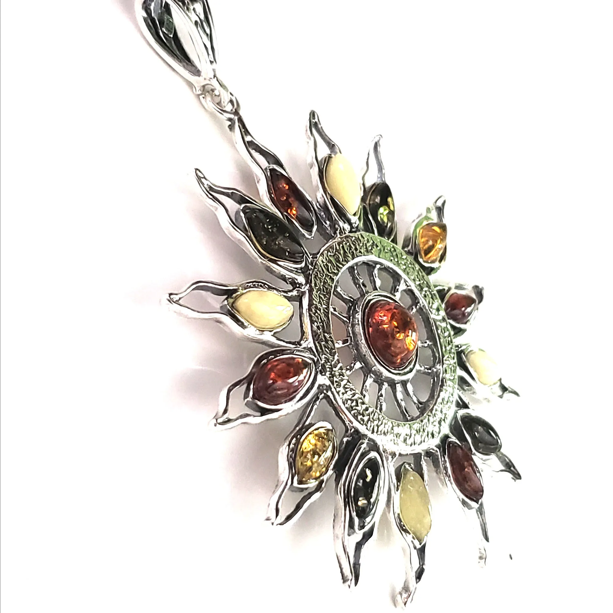 Large Sunburst Sterling Silver Sun Pendant with Baltic Amber Beads