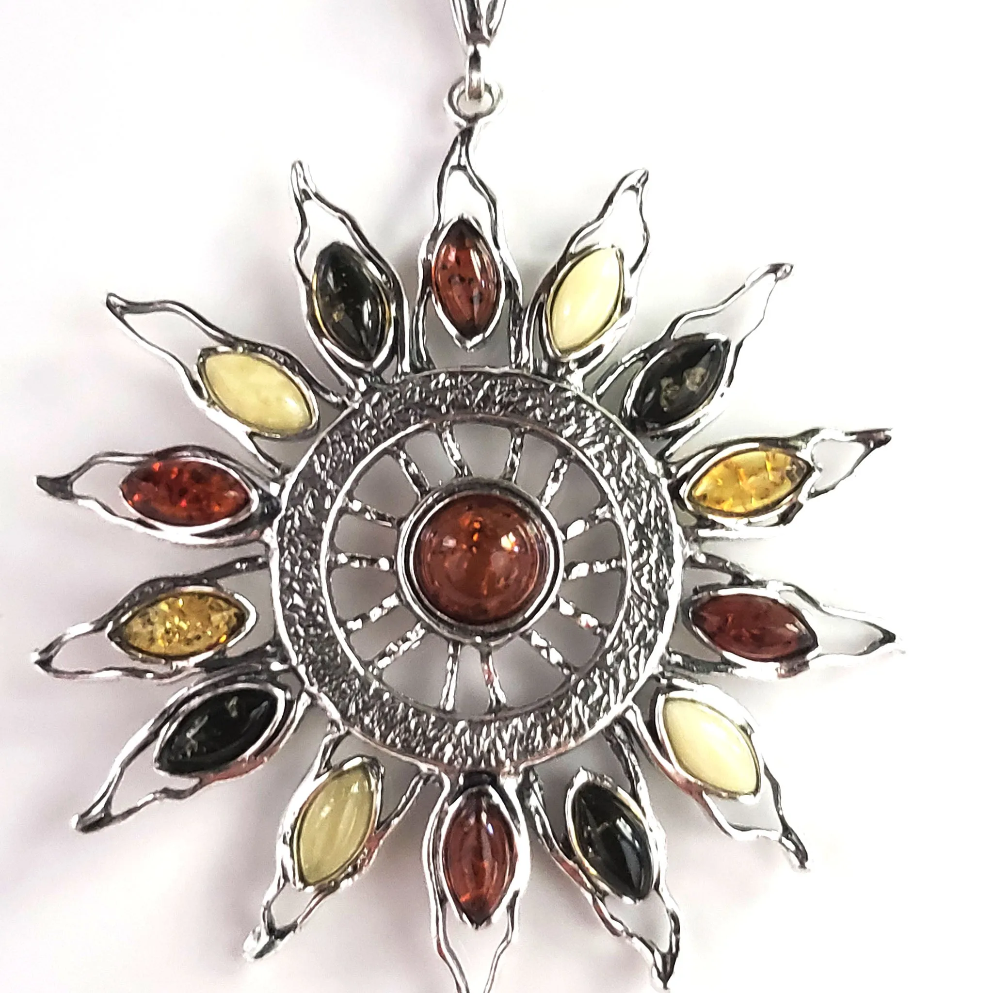 Large Sunburst Sterling Silver Sun Pendant with Baltic Amber Beads
