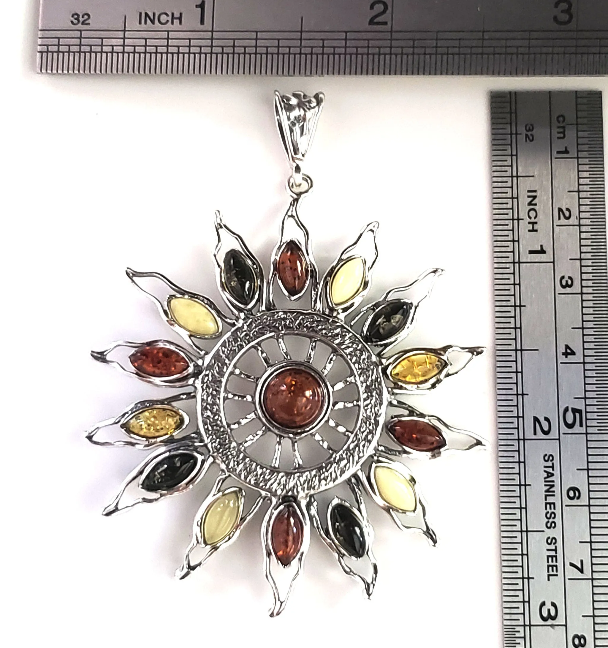Large Sunburst Sterling Silver Sun Pendant with Baltic Amber Beads
