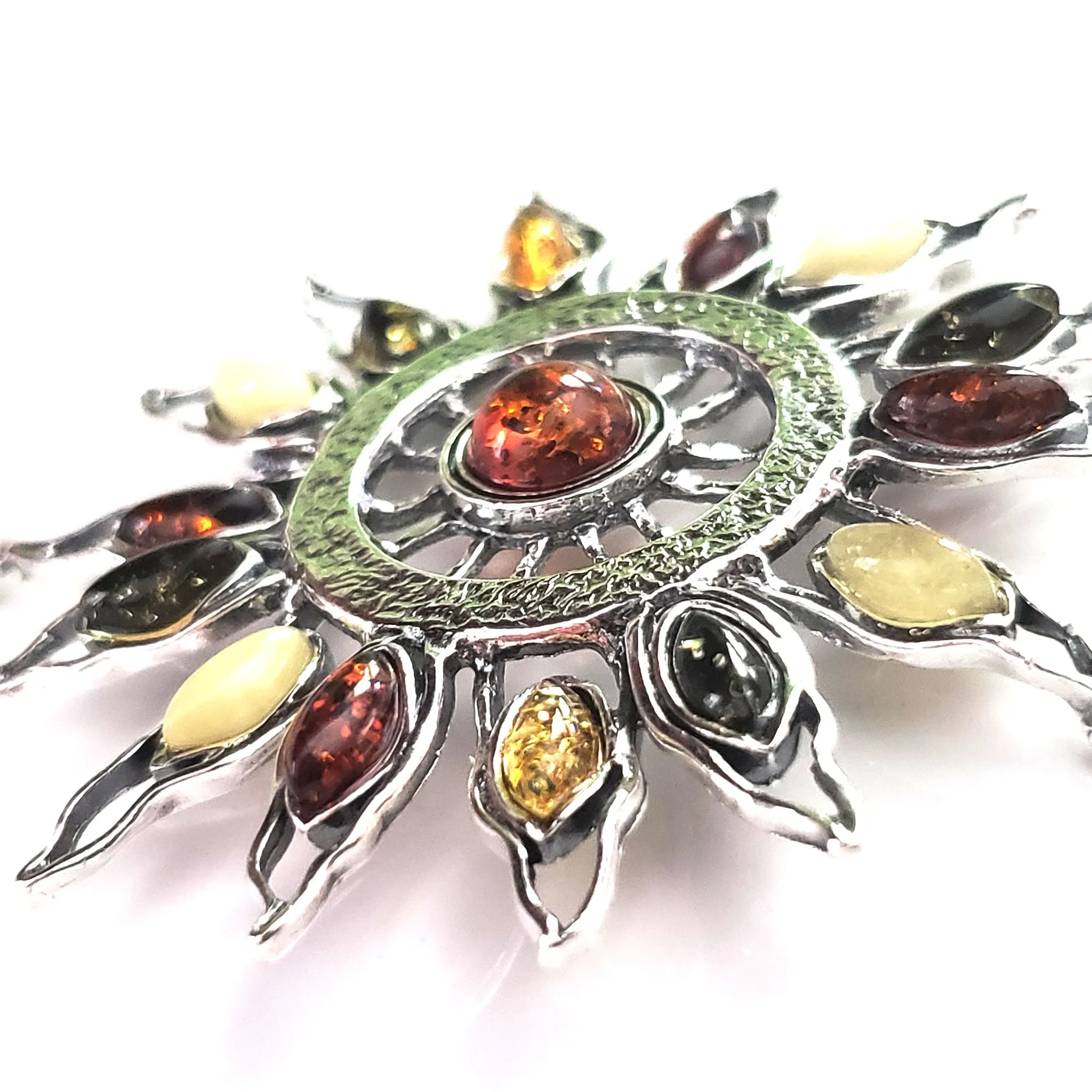 Large Sunburst Sterling Silver Sun Pendant with Baltic Amber Beads