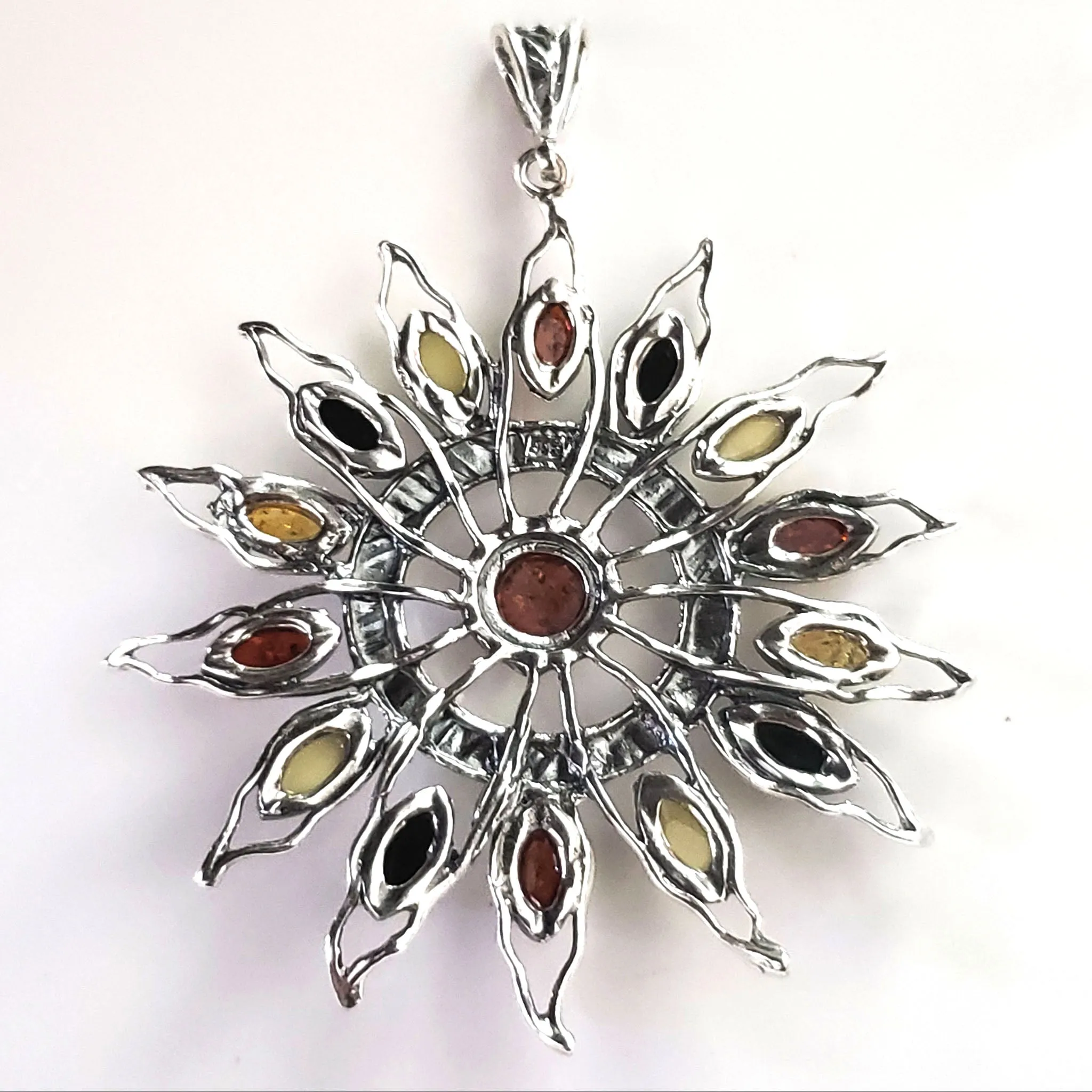 Large Sunburst Sterling Silver Sun Pendant with Baltic Amber Beads