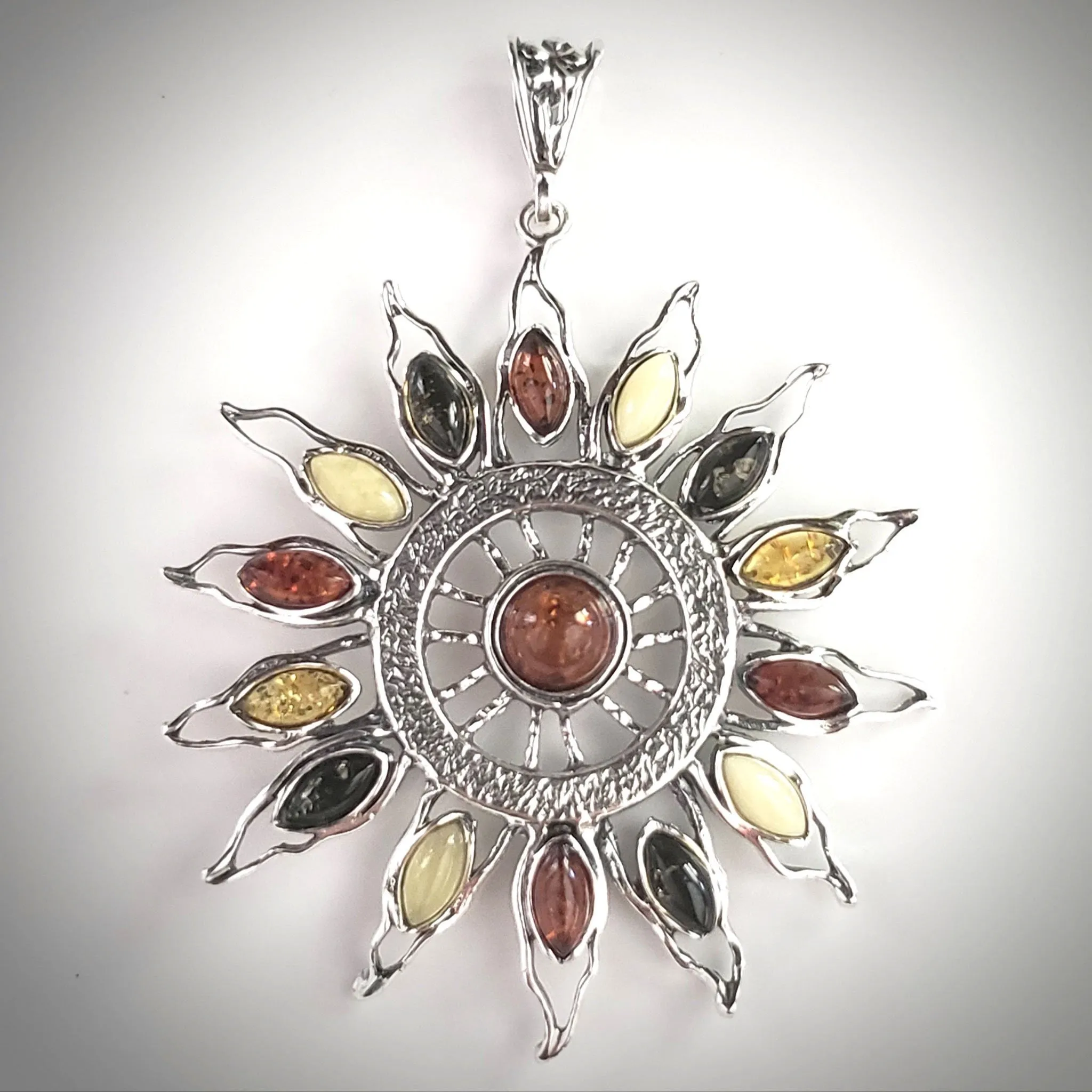 Large Sunburst Sterling Silver Sun Pendant with Baltic Amber Beads