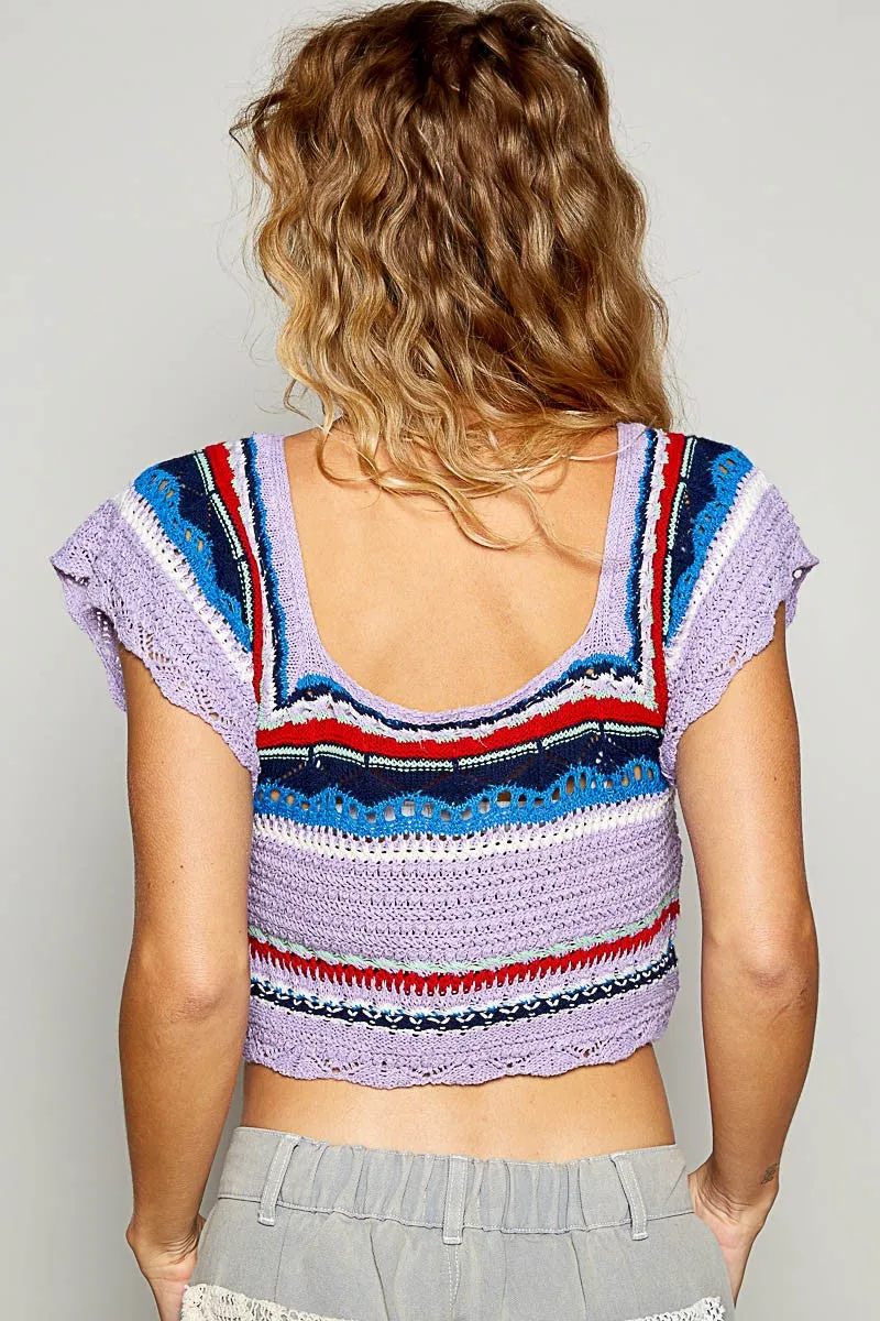 Lavender Openwork Ethnic Pattern Square Neck Cropped Knit Top