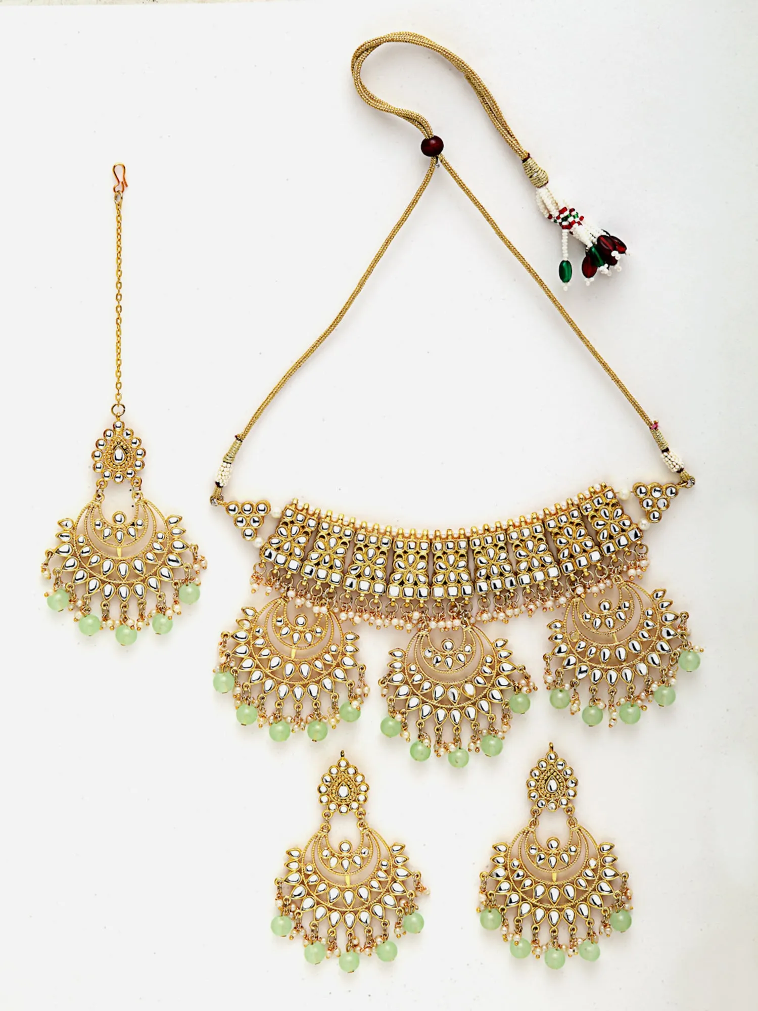 Light Green Beads Gold-Toned Kundan Studded Bridal Choker Necklace Set