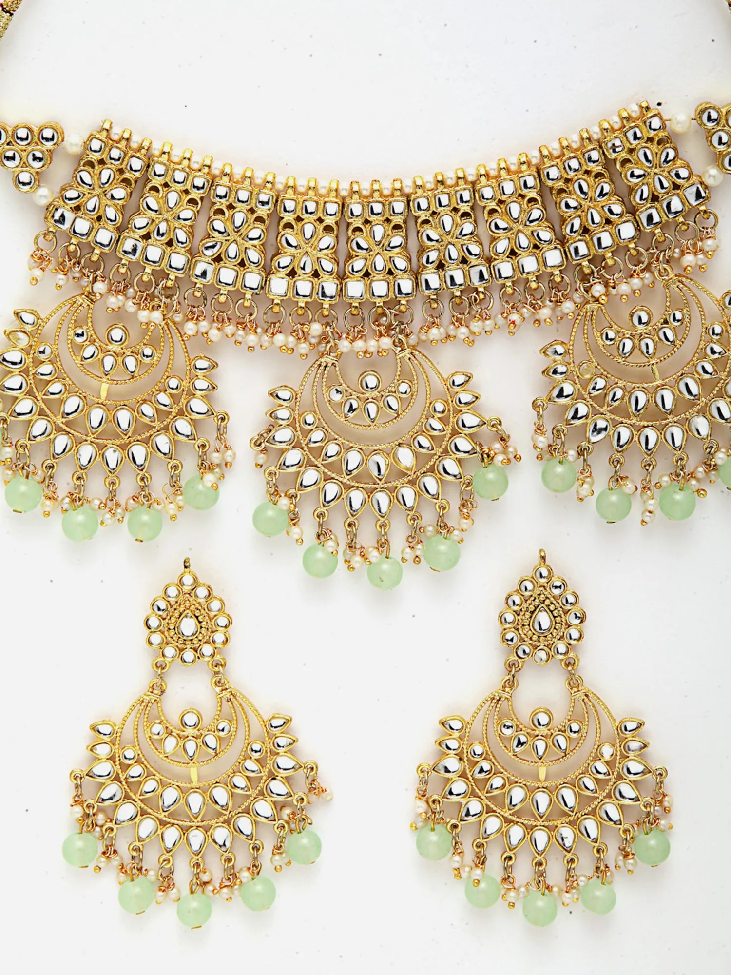 Light Green Beads Gold-Toned Kundan Studded Bridal Choker Necklace Set