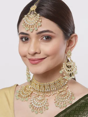 Light Green Beads Gold-Toned Kundan Studded Bridal Choker Necklace Set