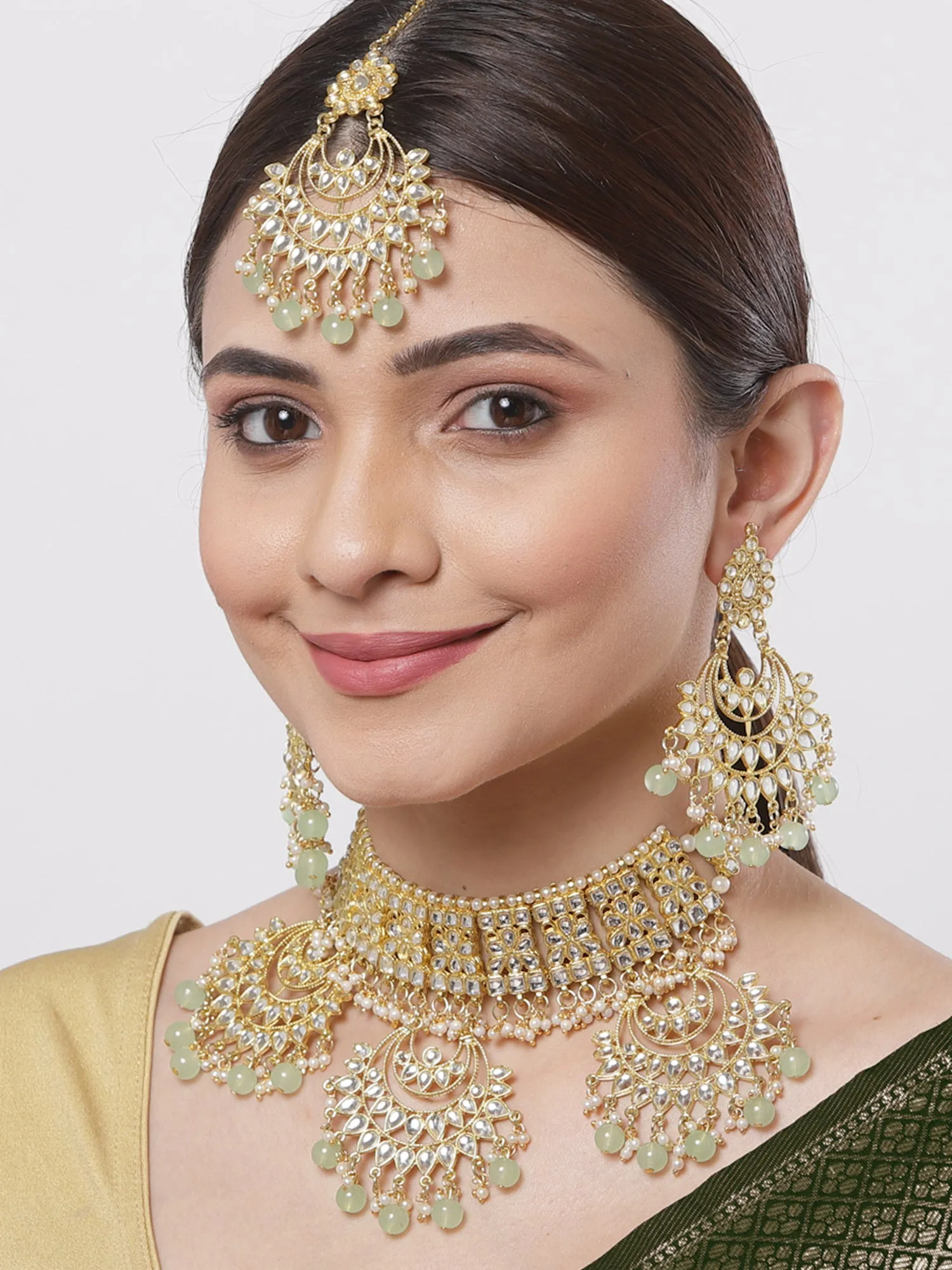 Light Green Beads Gold-Toned Kundan Studded Bridal Choker Necklace Set