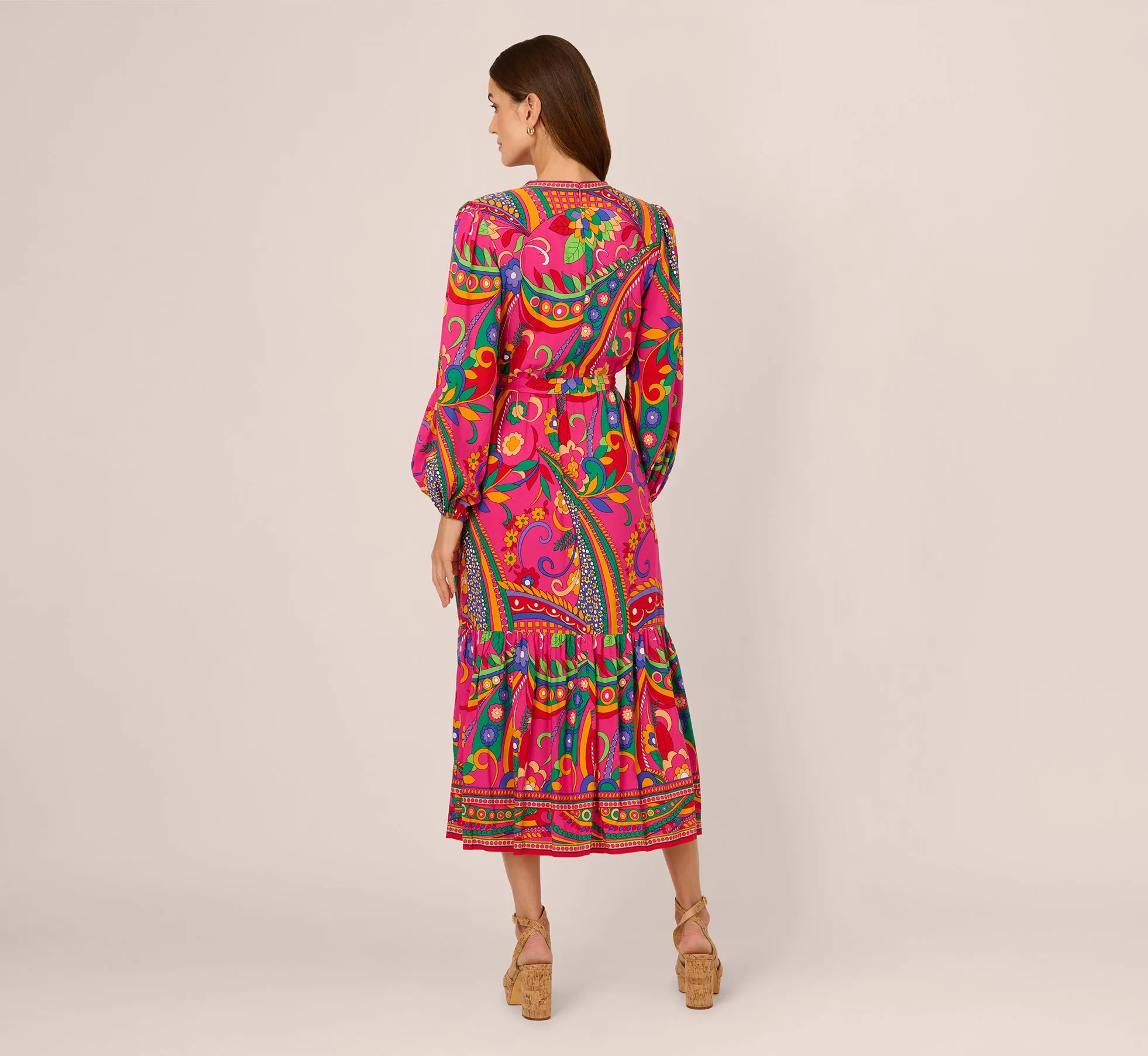 Long Sleeve Retro Printed Midi Dress In Pink Multi