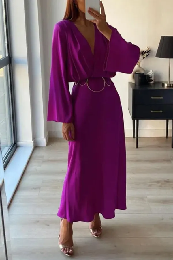 Long-sleeved Retro Waist V-neck Dress