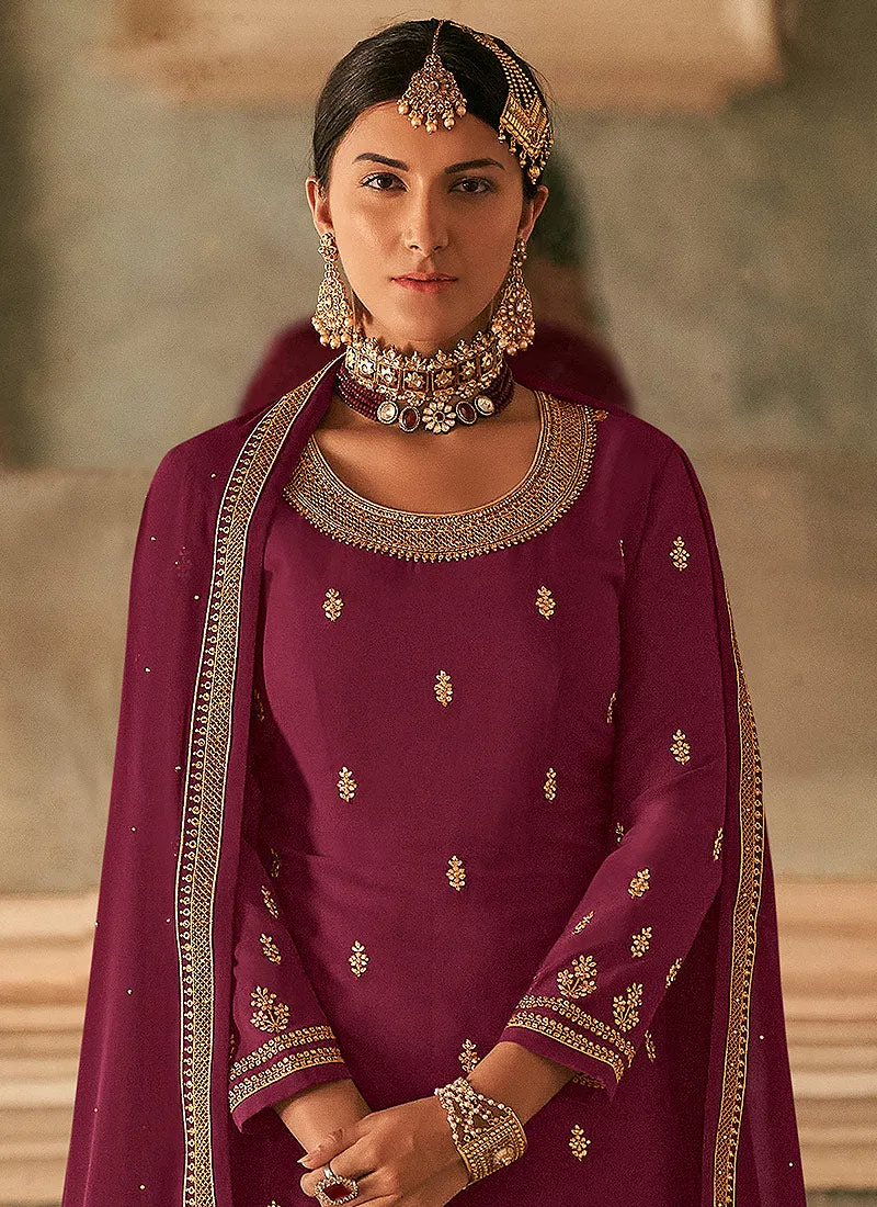 Magenta Georgette Embroidered Palazzo Suit