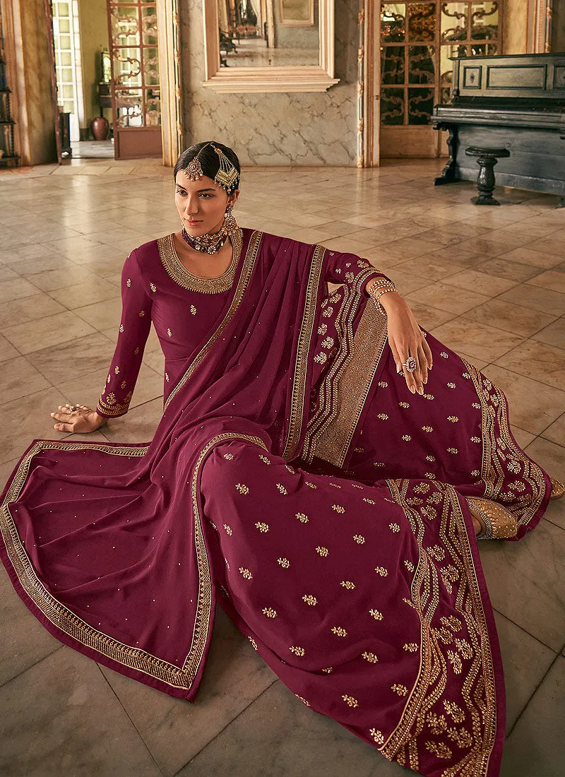 Magenta Georgette Embroidered Palazzo Suit