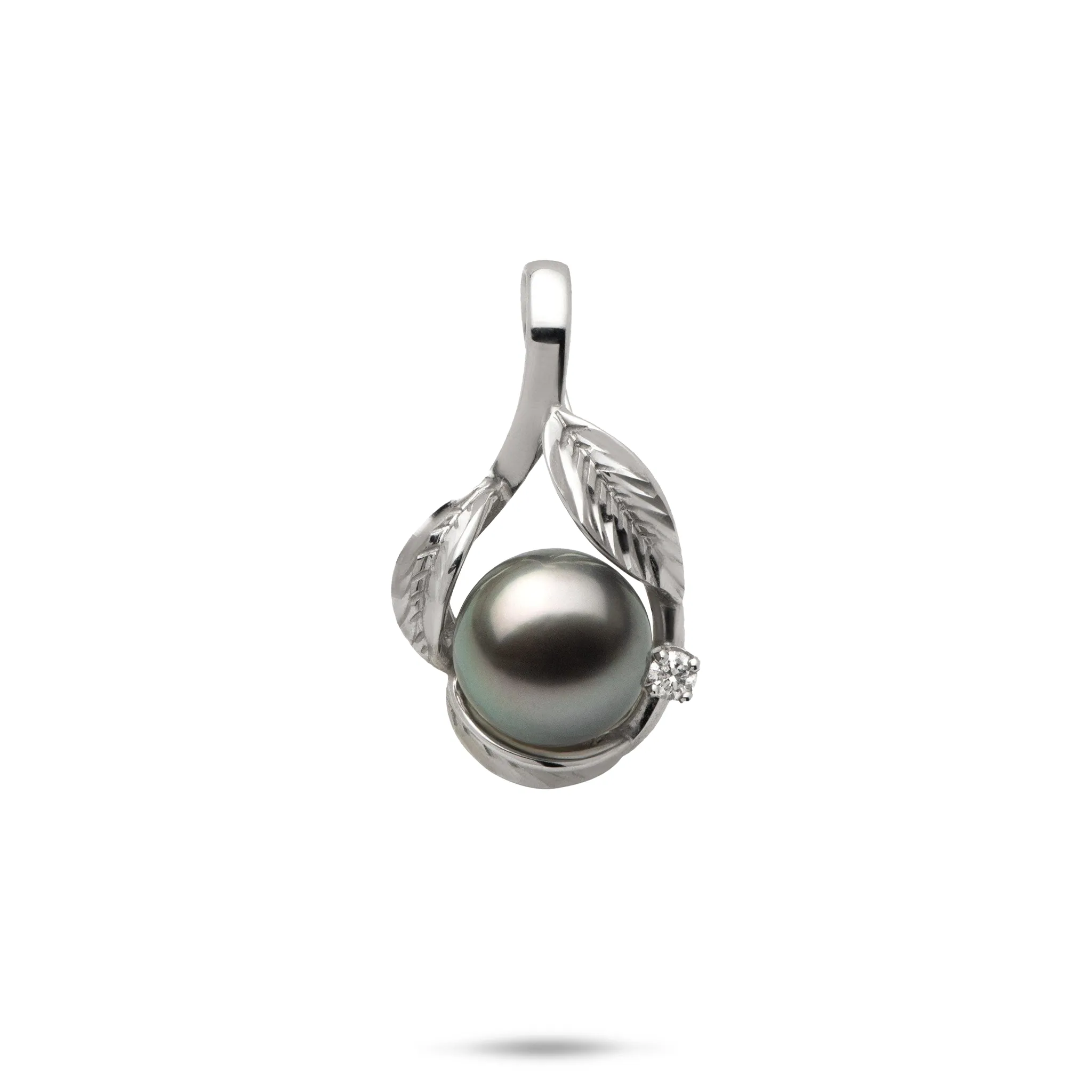 Maile Tahitian Black Pearl Pendant in White Gold with Diamond - 9-10mm