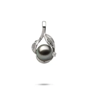 Maile Tahitian Black Pearl Pendant in White Gold with Diamond - 9-10mm