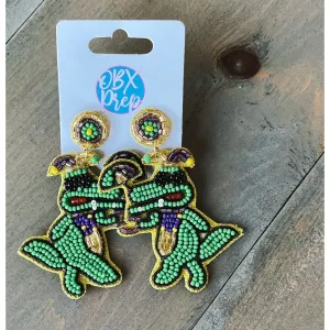 Mardi Gras Alligator Seed Bead Drop Earrings