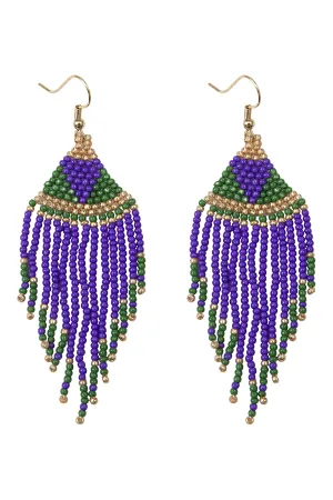 MARDI GRAS SEED BEADS FRINGE TASSEL HOOK EARRINGS
