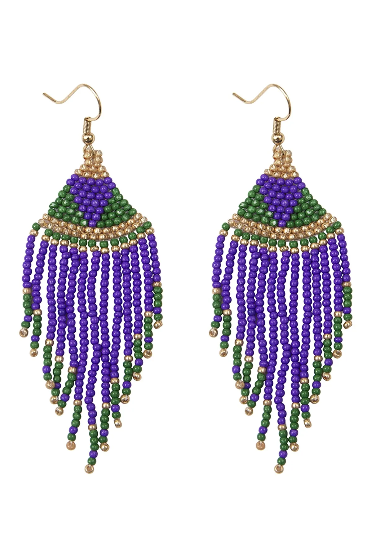 MARDI GRAS SEED BEADS FRINGE TASSEL HOOK EARRINGS