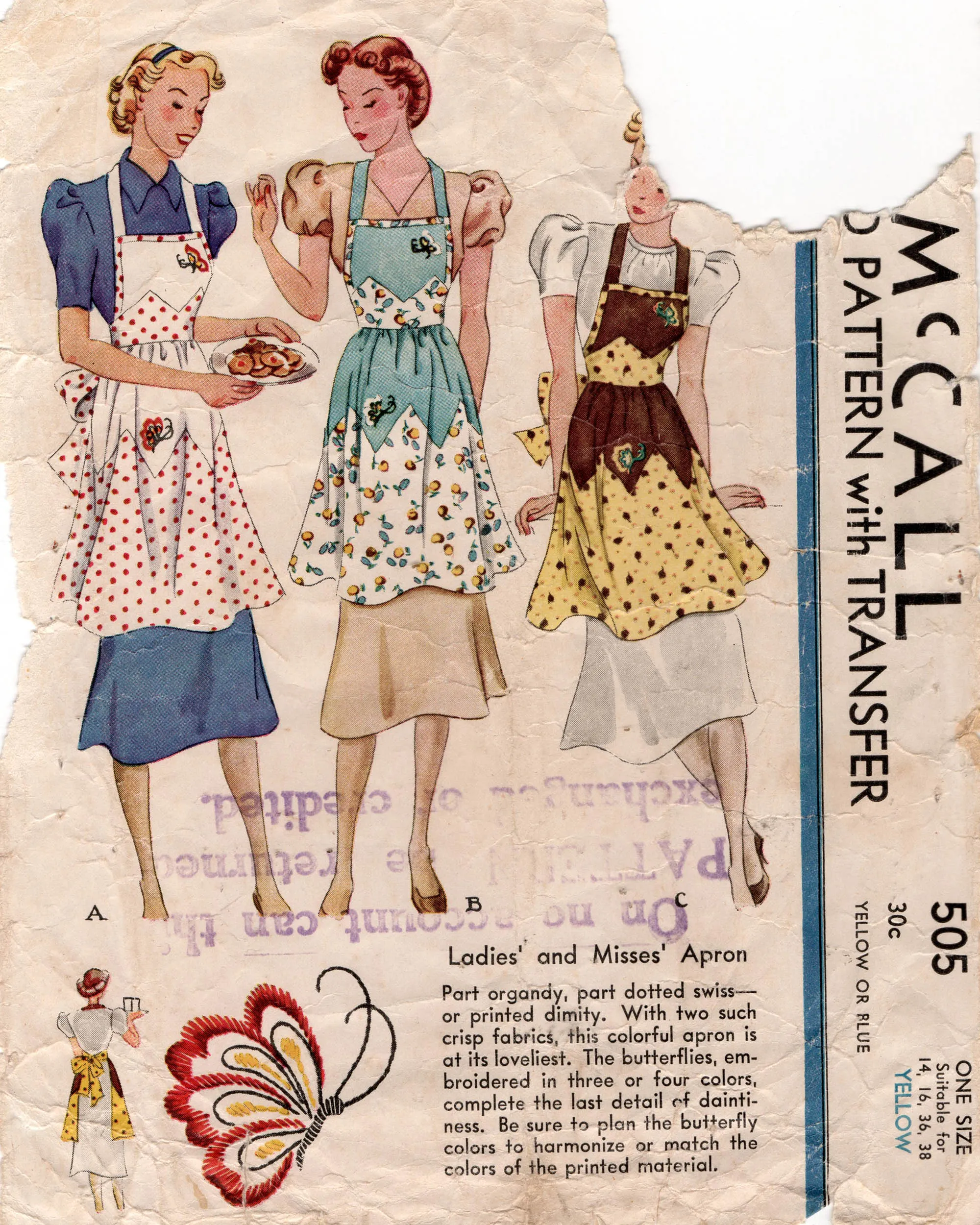 McCall 505 RARE Womens Zig Zag Colour Block Panelled Full Kitchen Aprons 1930s Vintage Sewing Pattern ONE SIZE