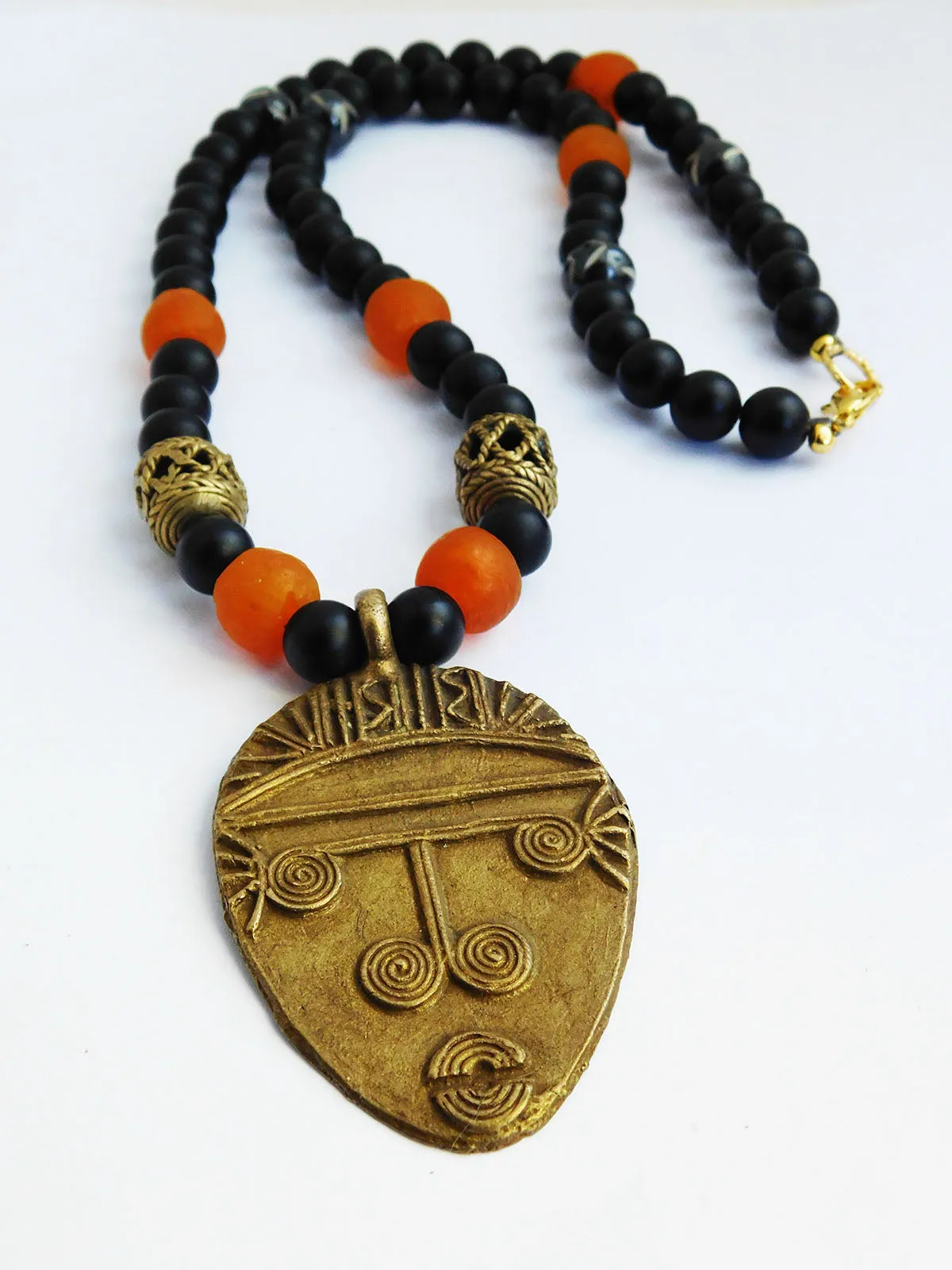 Men Tribal Jewelry African Face Necklaces Brass Black Orange Beaded Gifts Ideas for Him