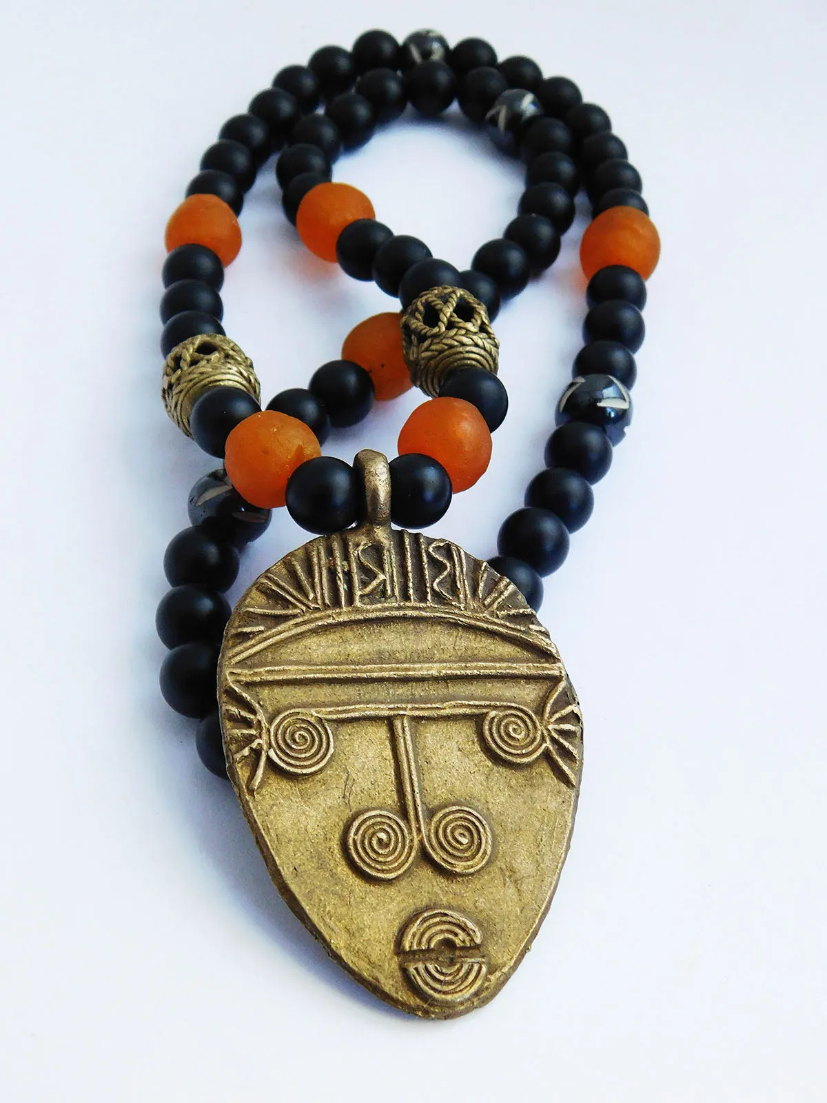 Men Tribal Jewelry African Face Necklaces Brass Black Orange Beaded Gifts Ideas for Him