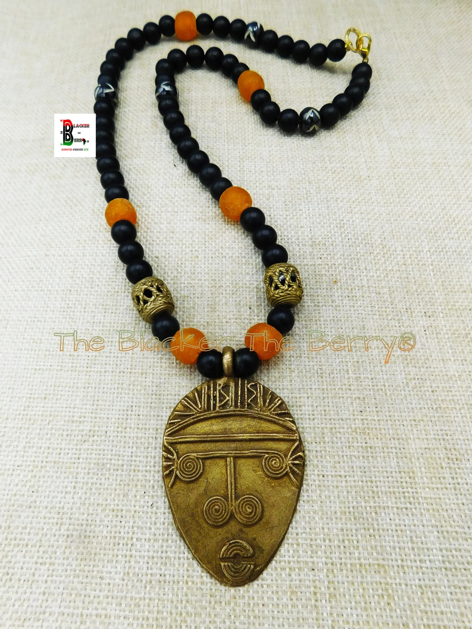 Men Tribal Jewelry African Face Necklaces Brass Black Orange Beaded Gifts Ideas for Him