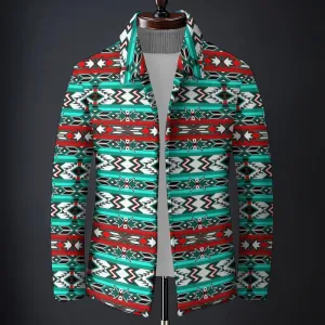 Men'S Stripe Geometric Ethnic Printed Long-Sleeved Woolen Coat 2409011447