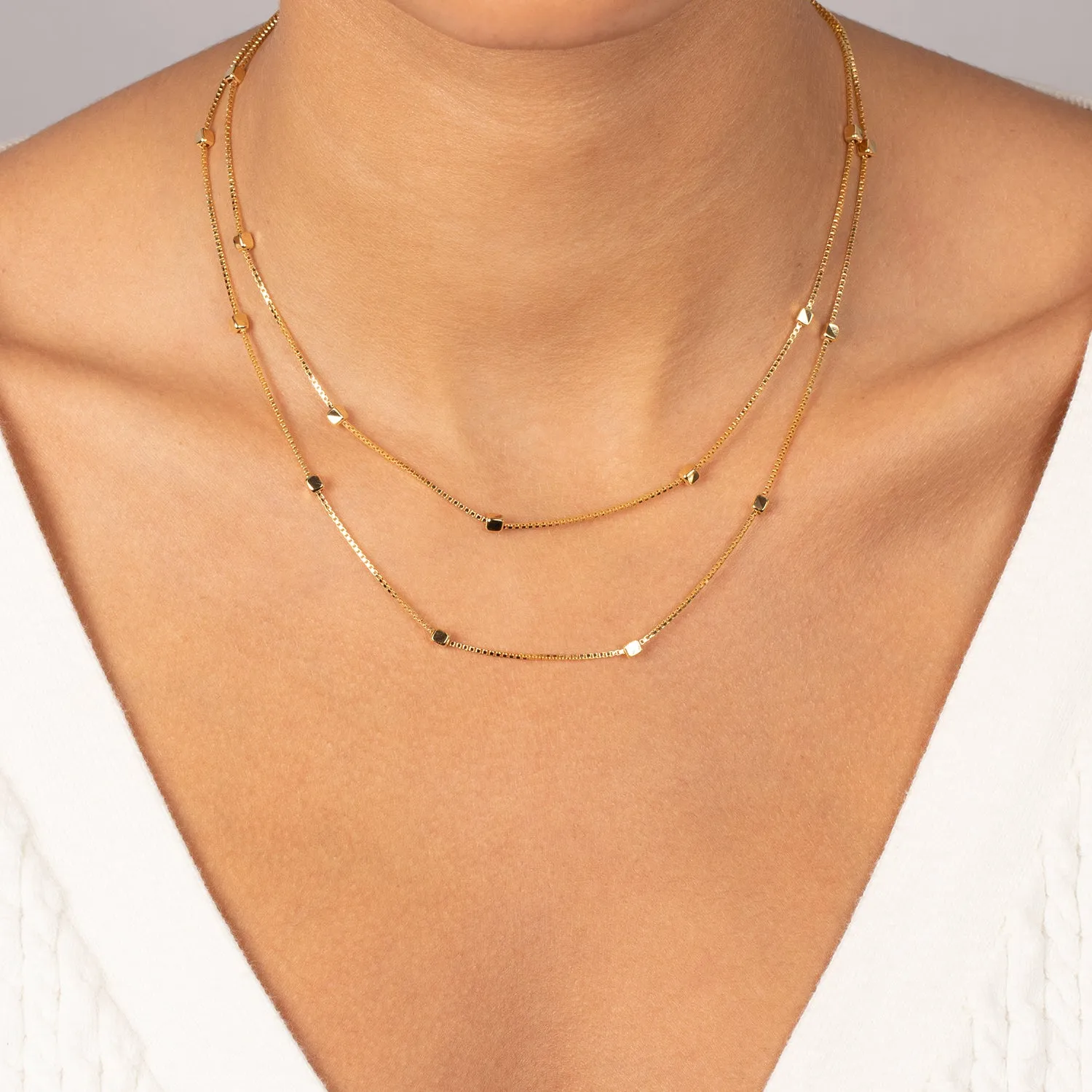 Mini Cube Accented Box Chain Necklace 14K