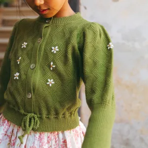MOSS CARDIGAN, OLIVE GREEN AND OPALINE