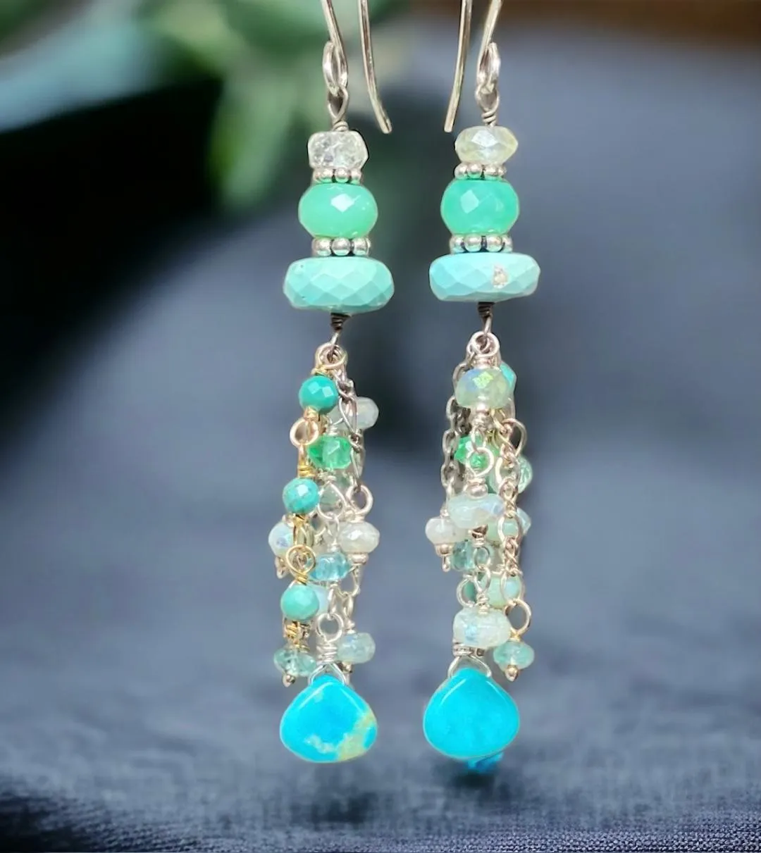 Multi Gemstone Gem Dangle Earrings, Tassel Style, Turquoise, Chrysoprase, Sterling Silver