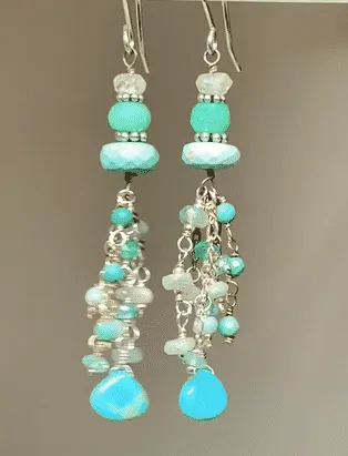 Multi Gemstone Gem Dangle Earrings, Tassel Style, Turquoise, Chrysoprase, Sterling Silver