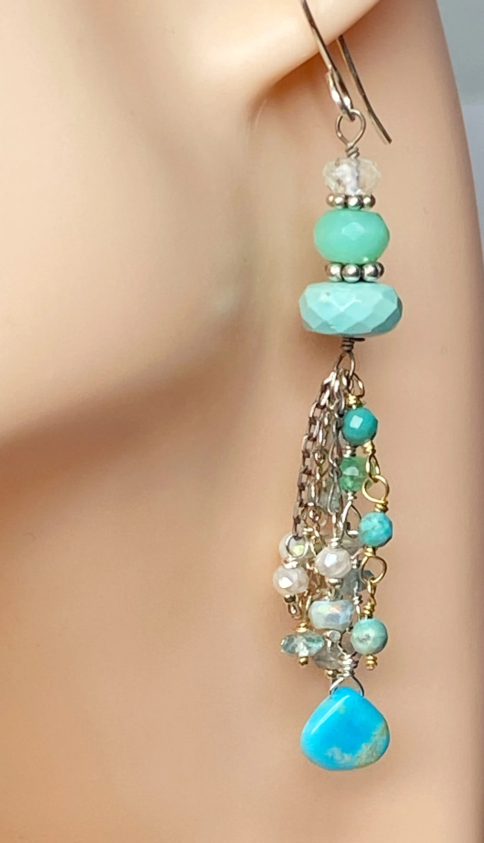 Multi Gemstone Gem Dangle Earrings, Tassel Style, Turquoise, Chrysoprase, Sterling Silver